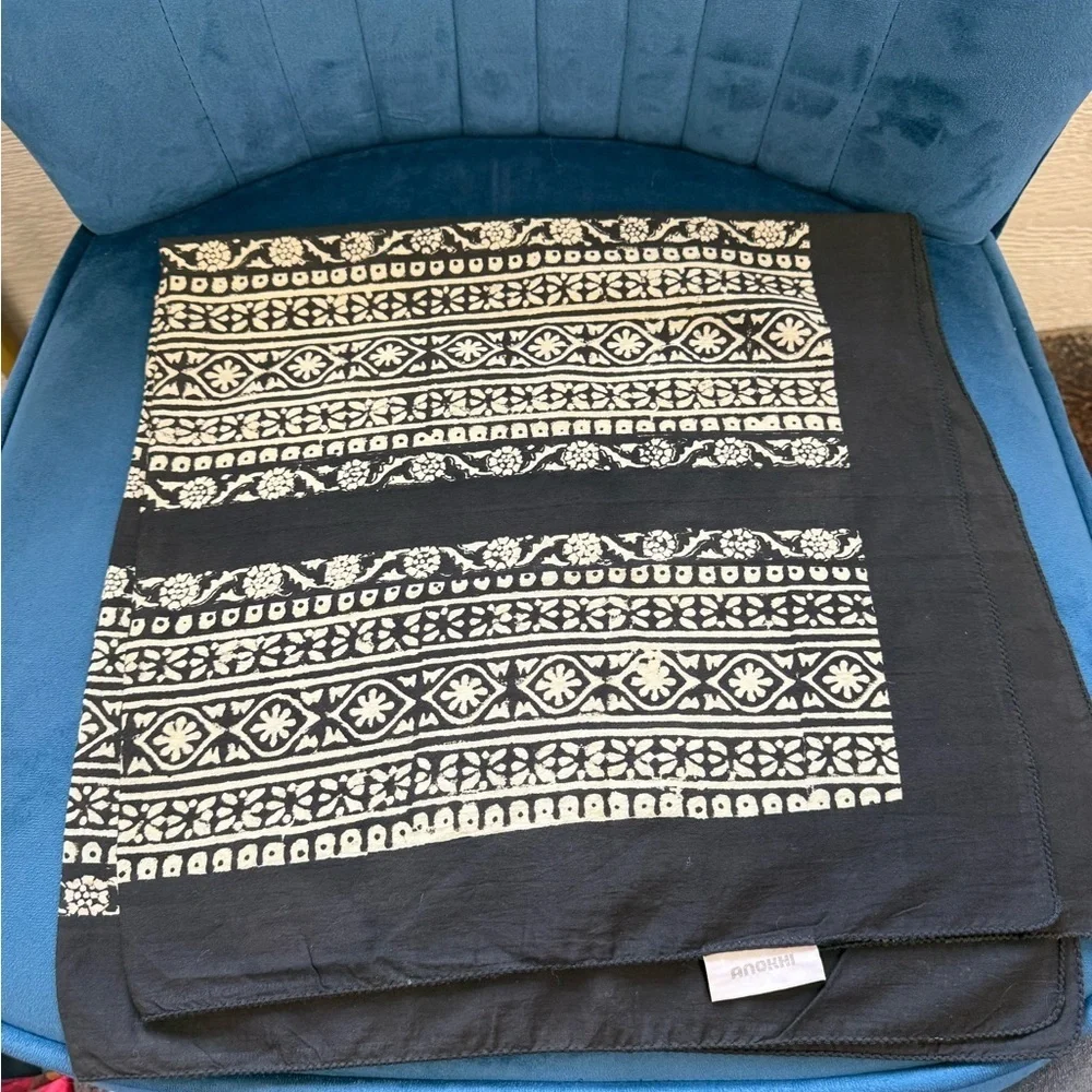 Anokhi Hand Block Print Cotton Scarf / Textile – 30” x 28” – Black & Cream